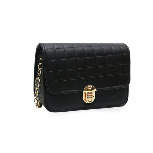 Black Faux Leather Chain Sling Bag for Women – Elegant Shoulder Purse with Gold Lock | ApnaBag.shop