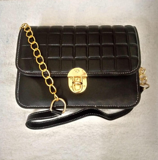 Black Faux Leather Chain Sling Bag for Women – Elegant Shoulder Purse with Gold Lock | ApnaBag.shop