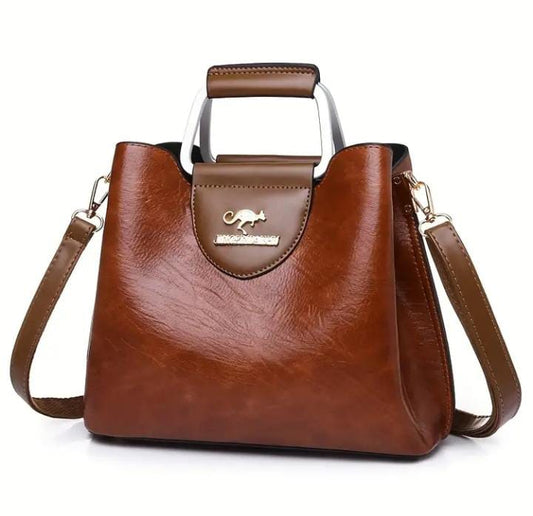 Glossy Brown Designer Handbag with Metal Handle | Luxury PU Tote – ApnaBag.shop