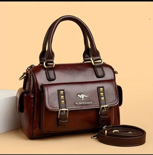 Vintage Brown Buckle Handbag – Studded PU Leather Satchel | ApnaBag.shop