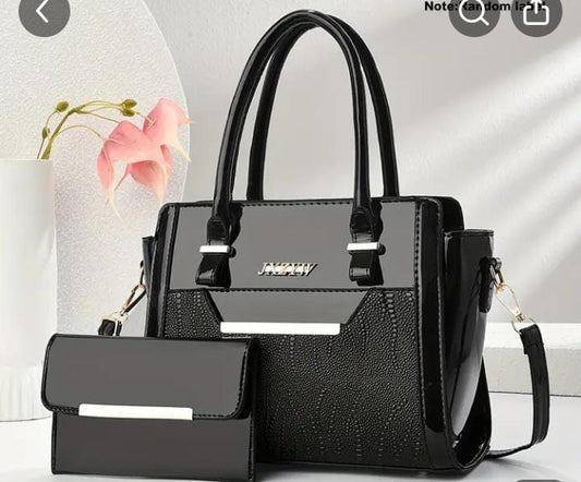 Elegant Black 2-in-1 Glossy Handbag Set | Premium PU Leather | Sleek & Stylish – ApnaBag.shop