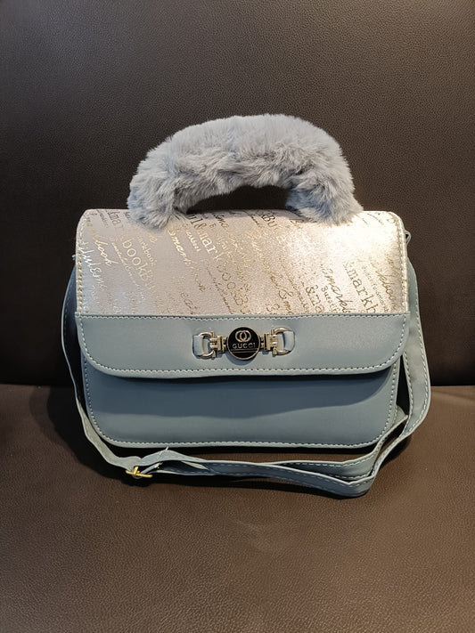 Blue & Silver Fur Handle Handbag – Luxury Statement for Modern Divas