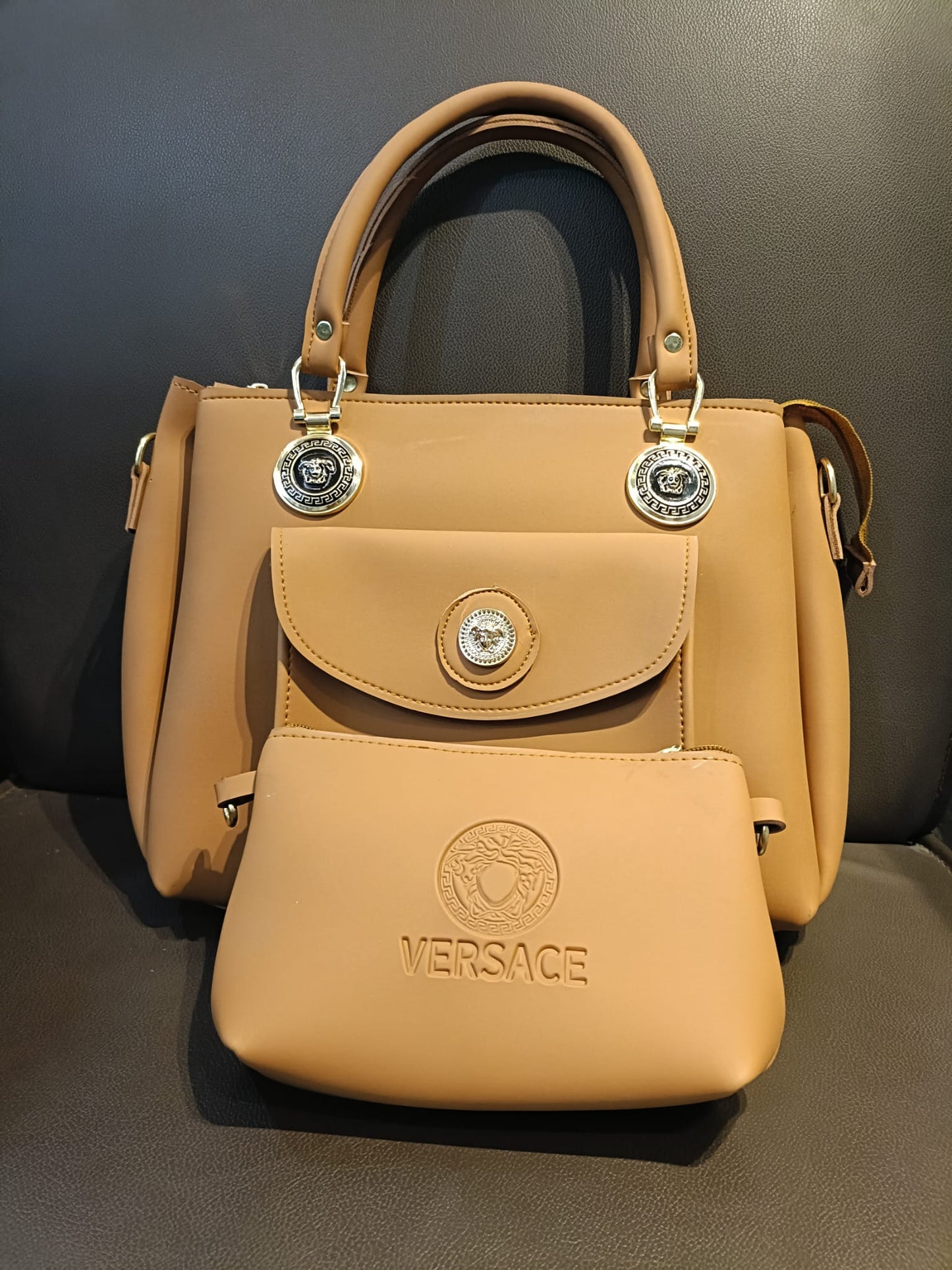 Versace Inspired Tan Handbag with Matching Pouch – Luxe Style Combo | ApnaBag.shop