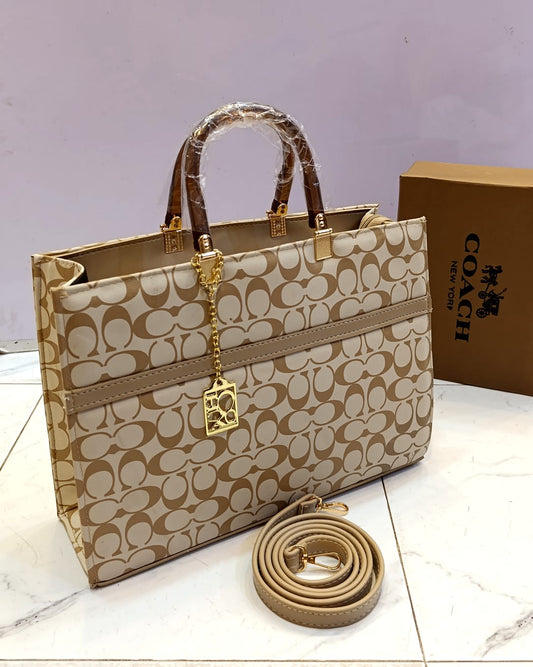 Elegant Beige Signature Tote with Gold Charm – ApnaBag.shop