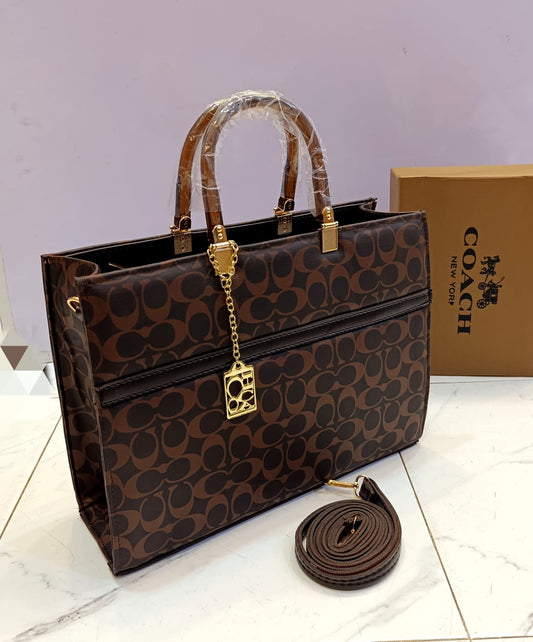 Luxury Designer Coach Handbag – Premium Brown Signature Tote with Gold Chain