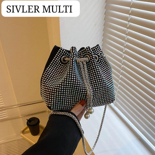 Luxury Rhinestone Bucket Bag | Crystal Evening Shoulder Bag | Party Wear Handbag with Pearl Details