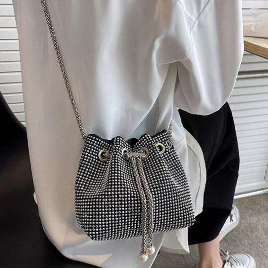Luxury Rhinestone Bucket Bag | Crystal Evening Shoulder Bag | Party Wear Handbag with Pearl Details