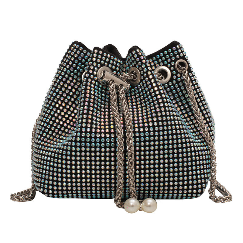 Luxury Rhinestone Bucket Bag | Crystal Evening Shoulder Bag | Party Wear Handbag with Pearl Details