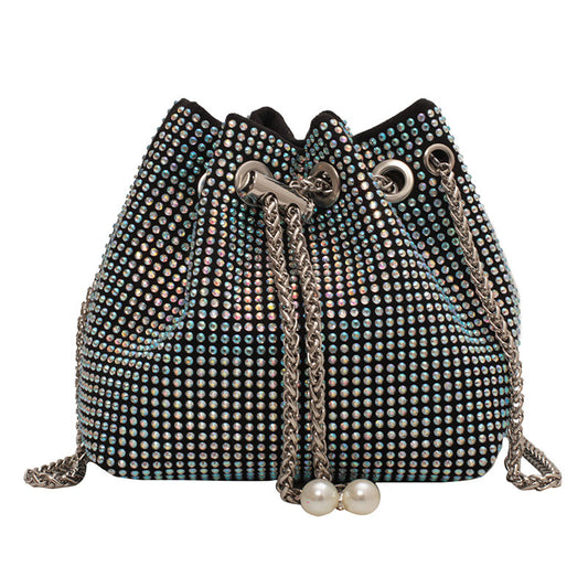 Luxury Rhinestone Bucket Bag | Crystal Evening Shoulder Bag | Party Wear Handbag with Pearl Details