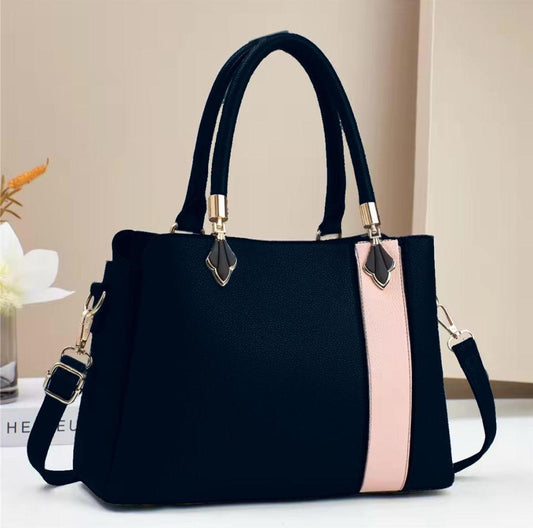 Premium PU Leather Black Handbag for Women | Pink Contrast Stripe | Shoulder & Hand Carry | Daily & Formal Use