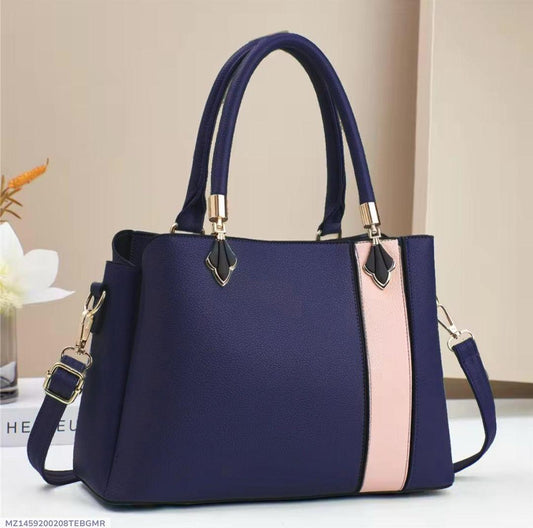 Elegant Navy Blue Handbag | Classy Office Bag | Contrast Pink Stripe | Shoulder & Hand Carry