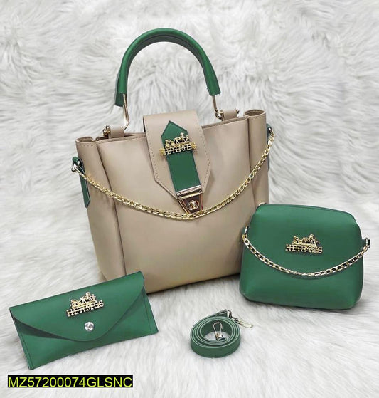 4-in-1 Premium Beige & Green Handbag Set for Women | Shoulder, Crossbody & Wallet Combo | Elegant Chain Detailing | Perfect for Casual & Formal Use