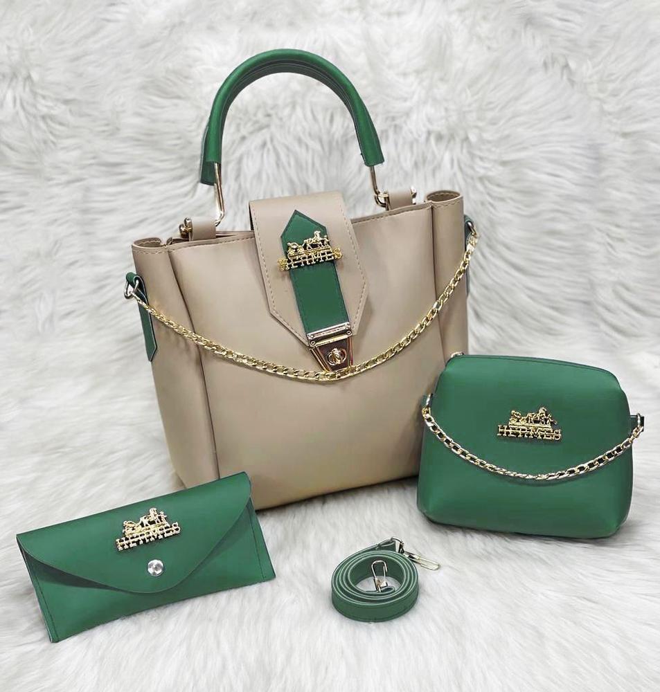 4-in-1 Premium Beige & Green Handbag Set for Women | Shoulder, Crossbody & Wallet Combo | Elegant Chain Detailing | Perfect for Casual & Formal Use