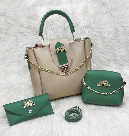 4-in-1 Premium Beige & Green Handbag Set for Women | Shoulder, Crossbody & Wallet Combo | Elegant Chain Detailing | Perfect for Casual & Formal Use