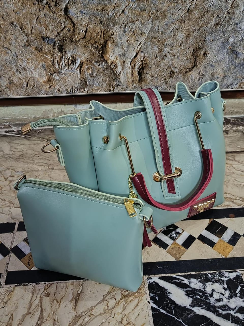 Mint Green & Maroon Handbag Set – 2-in-1 Trendy Tote & Crossbody with Gold Hardware | ApnaBag.shop