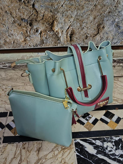 Mint Green & Maroon Handbag Set – 2-in-1 Trendy Tote & Crossbody with Gold Hardware | ApnaBag.shop