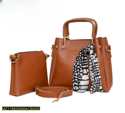3-Piece Elegant Tote Handbag Set – Caramel Brown with Printed Scarf | ApnaBag.shop