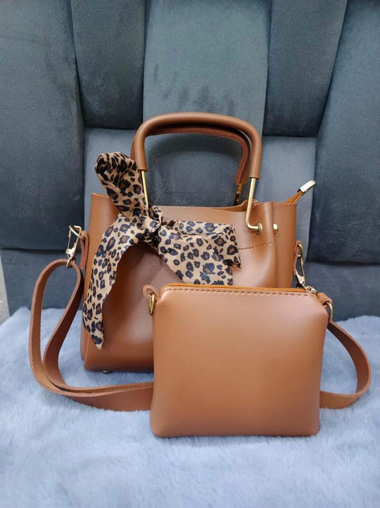 3-Piece Elegant Tote Handbag Set – Caramel Brown with Printed Scarf | ApnaBag.shop