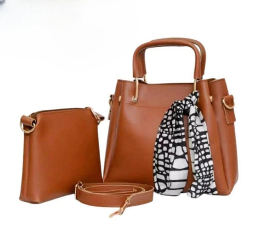 3-Piece Elegant Tote Handbag Set – Caramel Brown with Printed Scarf | ApnaBag.shop