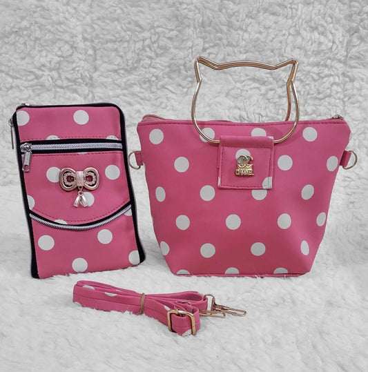 Polka Dot 2-Piece Pink Handbag Set with Cat Ear Handle | ApnaBag.shop