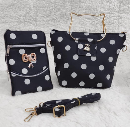 Polka Dot Black 2-Piece Handbag Set with Cat Handle | ApnaBag.shop