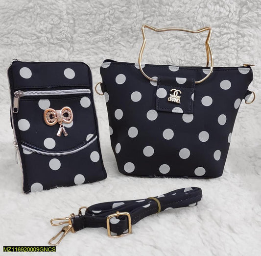 Polka Dot Black 2-Piece Handbag Set with Cat Handle | ApnaBag.shop