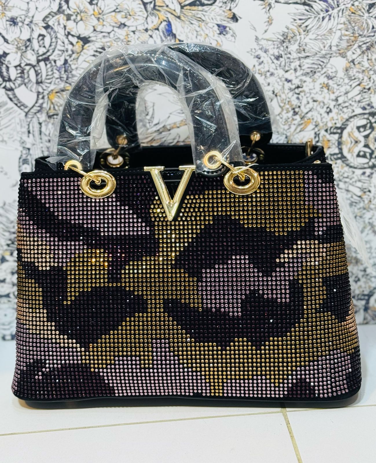 Luxury Rhinestone Camouflage Handbag | Designer Crystal Tote Bag | Premium Party Purse with Gold Detailing