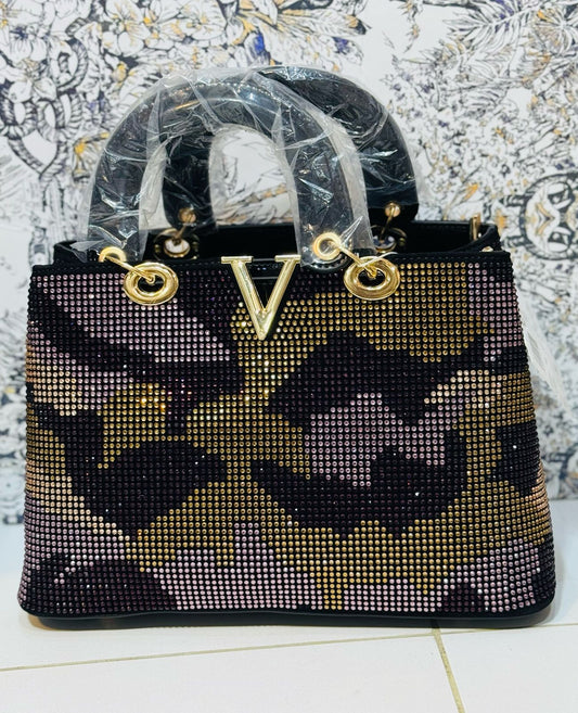 Luxury Rhinestone Camouflage Handbag | Designer Crystal Tote Bag | Premium Party Purse with Gold Detailing
