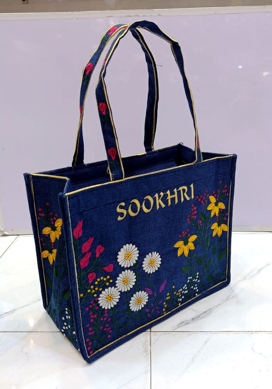 Premium Denim Embroidered Tote Bag | Handmade Floral Design | SOOKHRI Collection