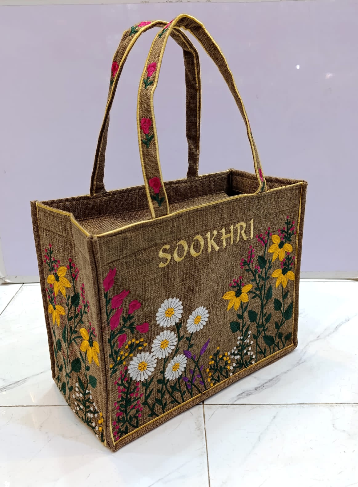 Handmade Embroidered Jute Tote Bag | Eco-Friendly Floral Handbag | SOOKHRI Collection