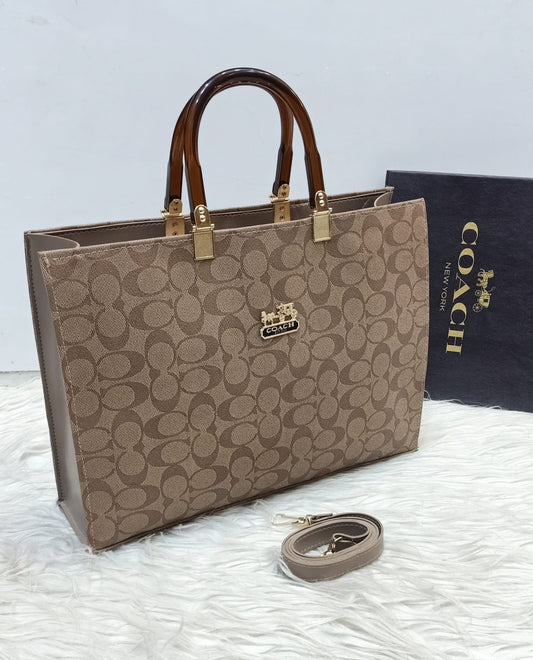 Elegant Coach Signature Handbag – Beige Brown with Gold Detailing