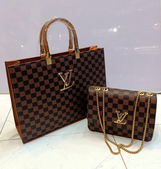 Luxury LV Inspired Handbag & Shoulder Bag Set – Brown Checkered Design with Gold Chain