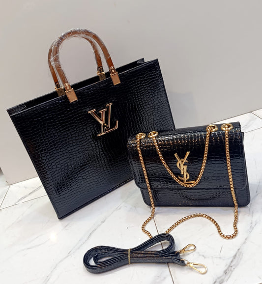 2-IN-1 BLACK CROC-TEXTURE HANDBAG & CLUTCH SET – DESIGNER STYLE | ELEGANT & VERSATILE