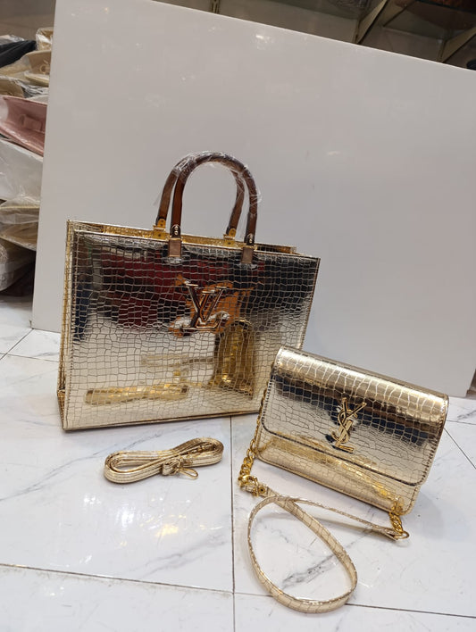 2-IN-1 LUXURY GOLDEN HANDBAG & CLUTCH SET – DESIGNER STYLE | CROC TEXTURE | PREMIUM