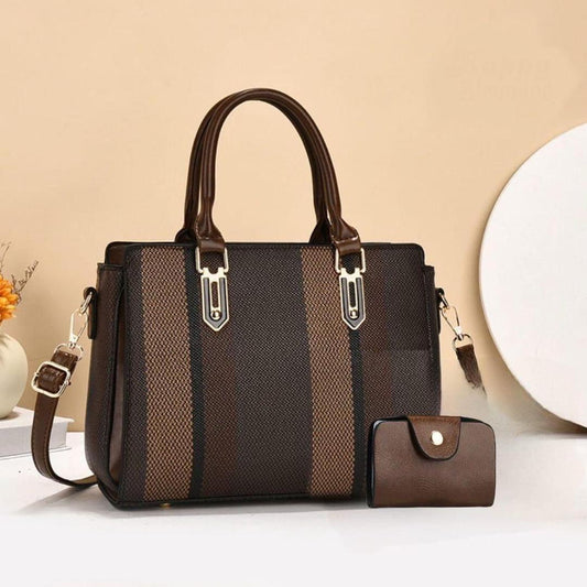 Elegant Striped Handbag with Matching Wallet | Premium Office & Casual Tote for Women