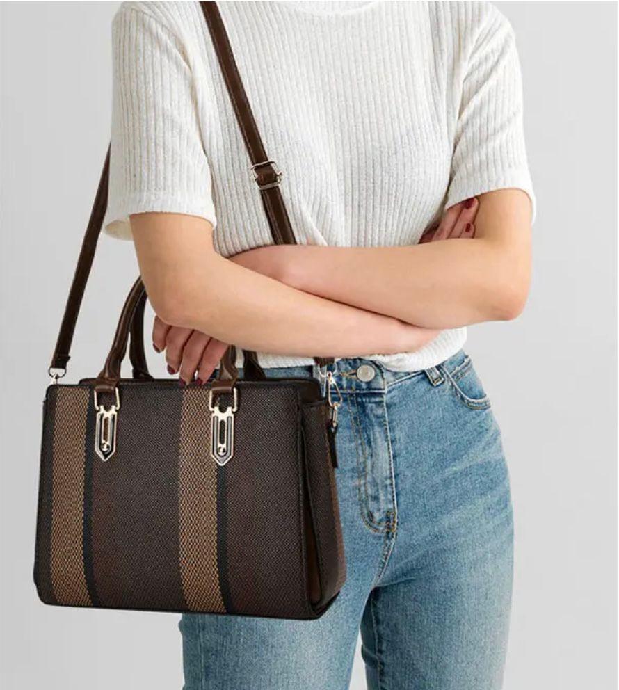 Elegant Striped Handbag with Matching Wallet | Premium Office & Casual Tote for Women