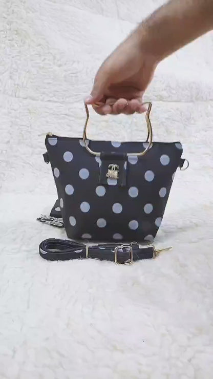 Polka Dot Black 2-Piece Handbag Set with Cat Handle | ApnaBag.shop